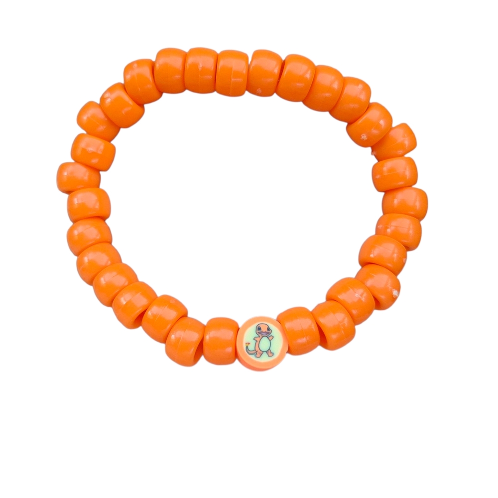 Charmander Kandi Bracelet, Orange Beaded Pokémon Charm One Size, Stretchy Band